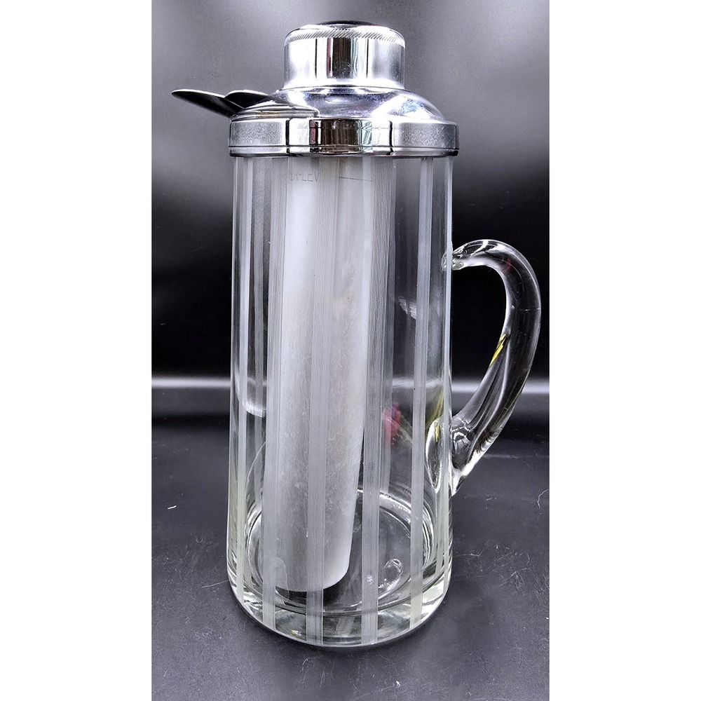 Chill-It‎ Aluminum Ice Tube Glass Pitcher Vtg Gilley Etched Manhatten Stripes